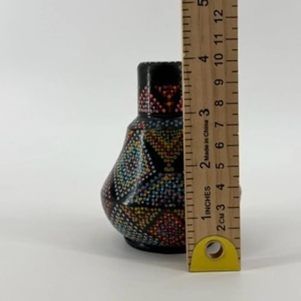 Hand Painted Pointillism Ceramic Bud Vase Black Geometric Dot Art‎ 4.25in
